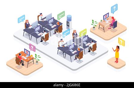 Call Center-Konzeptsatz mit Liniensymbolen für technischen Support, isometrische isolierte Vektordarstellung Stock Vektor