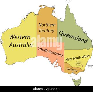 Pastell-Vektor-Verwaltungskarte von AUSTRALIEN mit schwarzen Grenzlinien und Namensschildern seiner Bundesstaaten und Territorien Stock Vektor