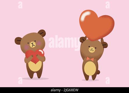 Vektor-Flat-Illustration zum Valentinstag. Set von niedlichen Teddybären isoliert hält rote hearts.I love you Vektor. Stock Vektor