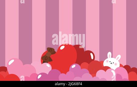 Überwältigt von Liebe flache Vektor-Illustration. Niedlich Cartoon Hase überwältigt von großen Herzen. Valentinstags-Grußkarte oder Geburtstagskarte. Stock Vektor