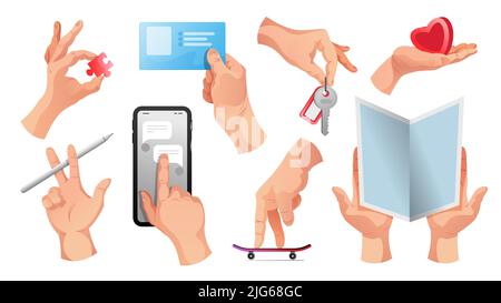 Menschliche Hände halten Schlüssel Bleistift Bank Identifikationskarte rotes Herz Symbol berühren Smartphone Bildschirm Satz Vektor-Illustration Stock Vektor