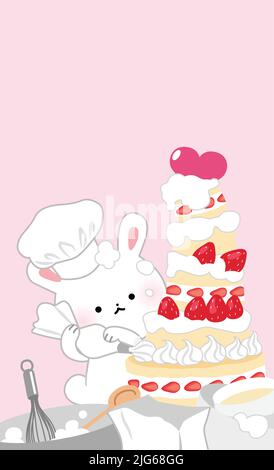 Cute Cartoon Bunny Backen einen Kuchen oder Erdbeere Shortcake. Feier des Valentinstag oder Geburtstagskarte, Liebeskarte zum Valentinstag. Stock Vektor