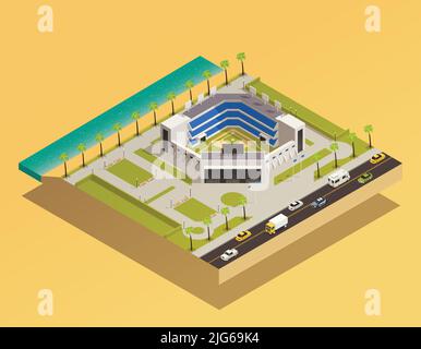 Isometrisches Baseballset mit Blick auf den Stadtblock mit Küstenautobahn und Ballfeld auf der Vektorgrafik des Stadions Stock Vektor