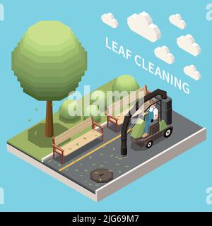 Leistungsstarke Vakuum-City-Reinigungsmaschinen hält Straßen Straßen Blatt frei saugen Blätter isometrische Zusammensetzung Vektor-Illustration Stock Vektor