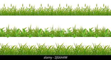 Gras 3 realistische horizontale nahtlose Muster auf weiß mit Getreide und jungen Maispflanzen Blätter Vektor-Illustration Stock Vektor