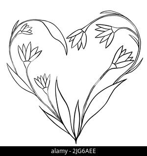 Handgezeichnete Blumenblätter Illustration, Herz Liebe st. valentinstag, schwarz weiß elegante Hochzeit Ornament, Line Art Minimalismus Tatoo Stil Design Sommer Frühling Natur Zweig Laub Blüte Stockfoto