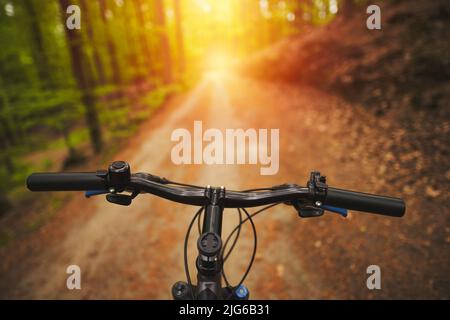 Erste Person Blick auf den Umgang mit dem Fahrrad auf der leeren Forststraße in Richtung Sonnenlicht. Radtour im Freien während des sonnigen Sommerabends Stockfoto