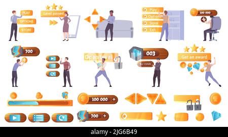 Spiel-Tasten und Bars mit Fortschritt Geld und Gäste-Navigation Abzeichen Ebenen und menschliche Charaktere Vektor-Illustration gesetzt Stock Vektor