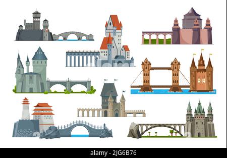Brücken Schloss Symbol mit Brücken, die als Straße zum Schloss und für die Überquerung des Flusses oder Meer Vektor Illustration Stock Vektor