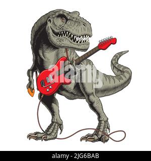 Dinosaurier spielt E-Gitarre. Tyrannosaurus oder T. rex Poster orr T-Shirt-Design. Vektorgrafik im Comic-Stil. Stock Vektor