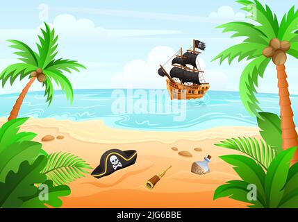 Das Piratenschiff segelt auf die Insel, wo Piraten Attribute verstreut Vektor-Cartoon-Illustration sind Stock Vektor