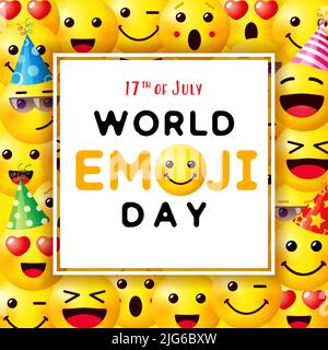 Grußkarte zum Welt-Emoji-Tag, 17.. Juli. Designvorlage mit niedlichem Emojis-Gesicht und unterschiedlichem Gesichtsausdruck. Vektor-Hintergrundmuster Stock Vektor