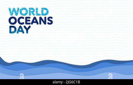 World Oceans Day Papierkunst-Konzept. Quadratische Vorlage mit Kopierbereich. Blaues Papier Origami-Ozean in fischförmigen Rahmen mit Schildkröte, Gelee Fisch. Stock Vektor