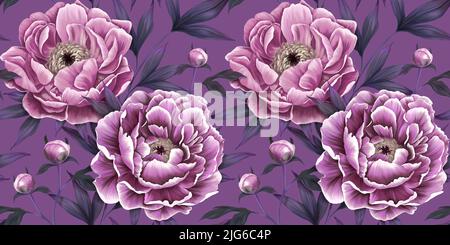 Wunderschöne violette Pfingstrosen, purpurne Knospen, staubige Fliederblätter. Nahtlos anmusterförmig. Lila Blumenhintergrund. Tapete in lila Farben. Handzeichnen Stockfoto