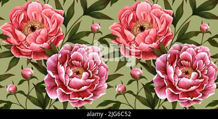 Nahtloses Blumenmuster. Botanische Tapete mit realistischen Pfingstrosen, dunkler Hintergrund. Vintage handgezeichnete Blumen, Knospen, Blätter für Tapeten, Stoffe Stockfoto