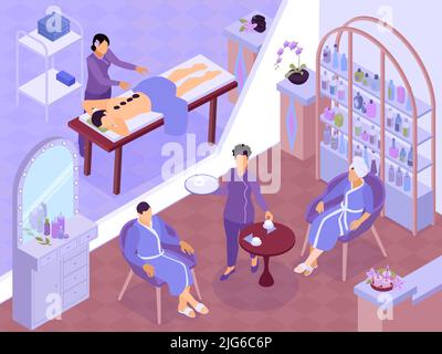 Isometrische Spa horizontale Zusammensetzung mit Salon-Raum und Kunden mit Arzt setzen Steine auf Patienten Wirbelsäule Vektor-Illustration Stock Vektor