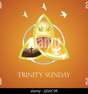 Trinity Sonntagsgrüßkarte. Religiöse dreifaltigkeit, Krone, Kreuz, heiliger Geist, Taube. Stock Vektor