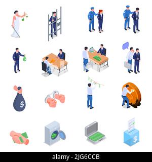 Korruption isometrische Symbole setzen schmutzige Geldwäsche hängen auf Wäscheleine Bestechung öffentlich offizielle Kriminelle Festnahme Vektorgrafik Illustration Stock Vektor
