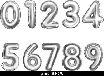 Realistisches Set mit silbernen Helium Ballons in Form von Zahlen von 0 bis 9 für Urlaub Geburtstag Hochzeit isoliert Vektor-Illustration Stock Vektor