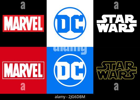 Marvel DC und Star Wars, Satz von beliebten Filmstudio-Logo, Vektor redaktionelle Illustration Stock Vektor