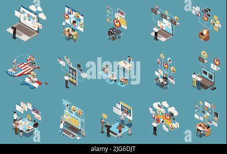 Isometrisches Set zur Fernverwaltung von entfernten Arbeitsorten mit Überwachung der Mitarbeiter bei der Kommunikation von zu Hause und vom Büro aus 3D isolierte Vektorgrafik Stock Vektor