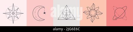 Esoterische Elemente Kollektion. Magische Symbole minimalistische Symbole, handgezeichnete lineare Vektor-Illustration Stock Vektor