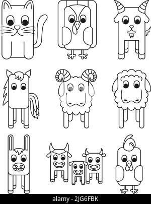 Line Art schwarz-weiß 9 Elemente Nutztiere Set Sommer themed Vektor-Illustration für Icon, Stempel, Label, Badge, Aufkleber, Geschenkkarte oder Farbgebung Stock Vektor