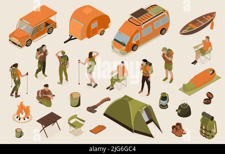 Set mit isolierten isometrischen Wanderfarben-Icons mit Autos Zelt Reiseausrüstung und gesichtslosen menschlichen Zeichen Vektor-Illustration Stock Vektor