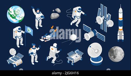 Space Exploration isometrische Farbset mit Raumschiff Startup und Ausrüstung für wissenschaftliche Forschung Vektor Illustration Stock Vektor