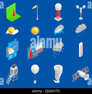 Meteorologie isometrischer Satz mit 3D Symbolen der Wetterprognose für meteorologische Geräte im fernsehen auf blauem Hintergrund, isolierte Vektordarstellung Stock Vektor
