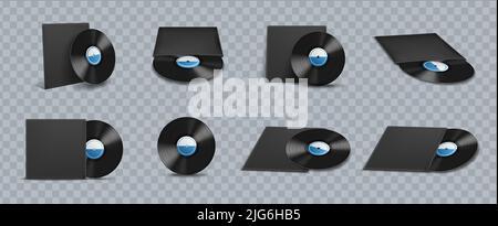 Realistische Vinyl-Schallplatte mit schwarzen Abdeckungen Mockup-Symbol auf transparentem Hintergrund Vektor-Illustration gesetzt Stock Vektor