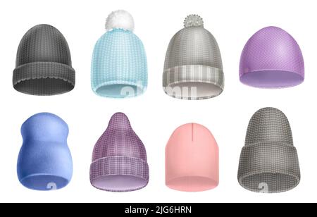 Set von realistischen Winter Herbst Beanie Hüte von verschiedenen Farben und Stil isoliert vor weißem Hintergrund Vektor-Illustration Stock Vektor