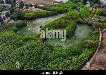 Luftaufnahme von Antipatris / Tel Afek Naturschutzgebiet, das an den starken mehrjährigen Quellen des Flusses Yarkon liegt, die im Laufe der Geschichte geschaffen hat Stockfoto