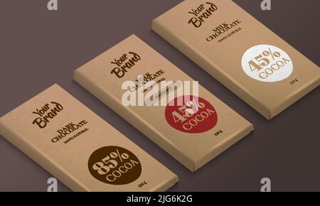 Realistischer Satz von Öko-Schokolade-Bars in Handwerk Papppackungen Vektor-Illustration Stock Vektor