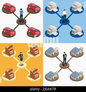 Vier quadratische Franchise isometrische Symbol mit Menschen und vier identische Autos des Gebäudes Speicher und Kaffeehaus Vektor-Illustration gesetzt Stock Vektor