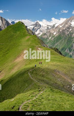 Wandern im Salzburger Land, Wandergruppe auf einem Bergweg in den Hohen Tauern, Kaprun, Salzburger Land, Österreich, Europa Stockfoto