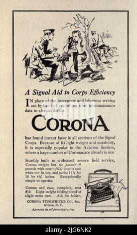 Corona Portable Schreibmaschine Anzeige 1918 aus dem ' Military Signal Corps Manual ' von James Andrew White, Erscheinungsdatum 1918 Herausgeber New York : Wireless Press, inc Stockfoto