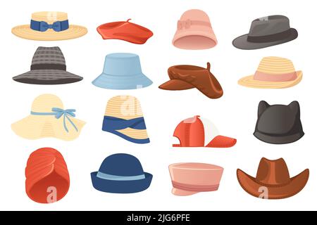 Große Reihe von verschiedenen Sommer modernen und Retro-Hüte männlichen und weiblichen Kopfschmuck Vektor-Illustration isoliert auf weißem Hintergrund Stock Vektor