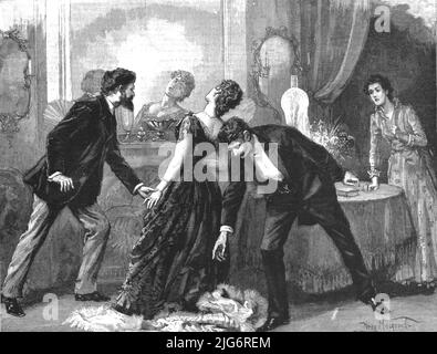 'Madame Leroux'; von Francis Eleanor Trollope; im nächsten Moment trafen ihre Augen auf seine im Glas; ihr Gesicht sah seltsam grauenhaft aus', 1890. Aus „Die Grafik. An Illustrated Weekly Newspaper“, Band 41. Januar bis Juni 1890. Stockfoto