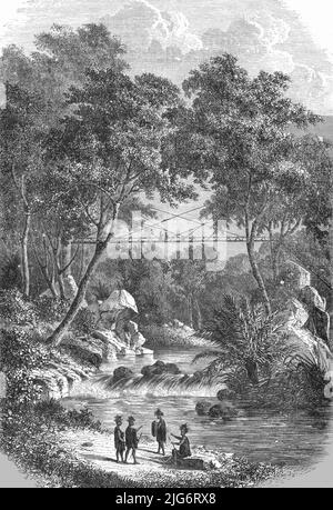 Bamboo Bridge of the Western Dyaks; Ein Besuch in Borneo', 1875. Aus, 'Illustrated Travels' von H.W. Bates. [Cassell, Petter, and Galpin, c1880, London] Belle Sauvage Works.London E.C. Stockfoto