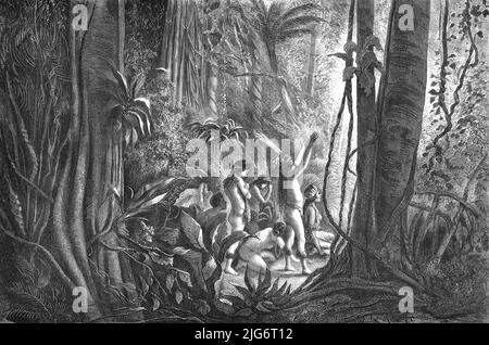 Sonnenanbetung der Amazonas-Indianer; A Trip Up the Trombetas', 1875. [Ureinwohner aus der Region des Amazonas am Trombetas-Fluss in Südamerika]. Aus, 'Illustrated Travels' von H.W. Bates. [Cassell, Petter, and Galpin, c1880, London] Belle Sauvage Works.London E.C. Stockfoto