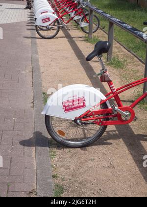 Antwerpen, Belgien, 02. Juli 2022, Velo das Fahrradverleihsystem von Antwerpen mit der Aufschrift Smart to antwerp Stockfoto