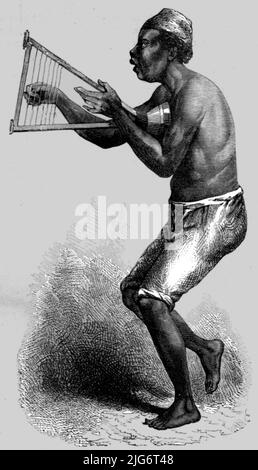 'Kan-Gro "Kenikbah", oder Harfenist; eine Exkursion in Dahomey', 1871. [Musiker aus dem heutigen Benin in Westafrika]. Aus, 'Illustrated Travels' von H.W. Bates. [Cassell, Petter, and Galpin, c1880, London] Belle Sauvage Works.London E.C. Stockfoto