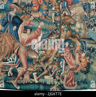 Tapestry (Bärenjagd und Falknerei aus einer Jagd-Serie), Belgien, c. 1525. Detail aus einem größeren Kunstwerk. Stockfoto