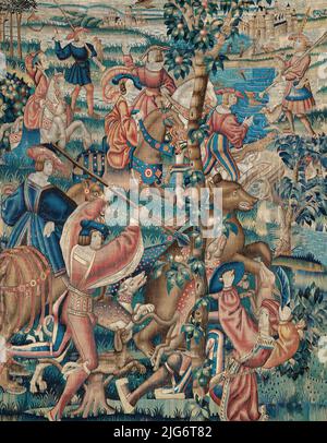 Tapestry (Bärenjagd und Falknerei aus einer Jagd-Serie), Belgien, c. 1525. Detail aus einem größeren Kunstwerk. Stockfoto