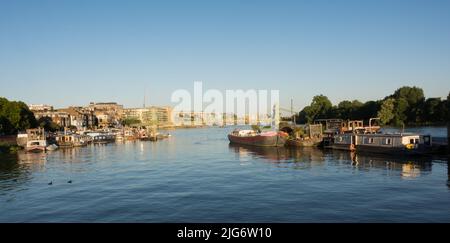 Die Boote vertäuten am Hammersmith Pier an der Themse gegenüber den Furnival Gardens, Hammersmith, London, Großbritannien Stockfoto