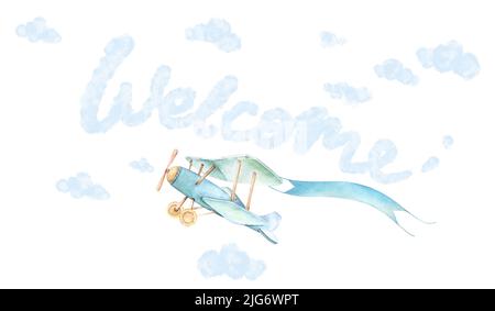 Willkommen Kindergarten Wand Kunst. Flugzeug fliegen mit Band in Himmel. Blaue Wolken weißer Hintergrund. Einladung zur Babydusche. Aquarell. Isoliert Stockfoto