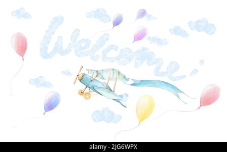 Willkommen Kindergarten Wand Kunst. Flugzeug mit Band, Luftballons fliegen in den Himmel. Blaue Wolken weißer Hintergrund. Kleiner Duschjunge. Aquarell. Isolierte Zusammensetzung Stockfoto