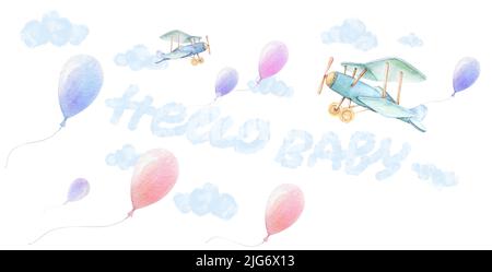 Hallo Baby. Kinderzimmer Wandkunst. Flugzeuge, bunte Luftballons fliegen in den Himmel. Blaue Wolken. Weißer Hintergrund. Kleiner Duschjunge. Aquarell. Stockfoto
