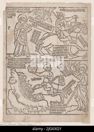 Ein Reiter auf einem schwarzen Pferd mit einem Paar Waagen in der Hand und Ein blassen Pferd mit dem Tod als Reiter, aus einem Blockbuch der Apokalypse, Ausgabe 2., 1440-1450. Stockfoto